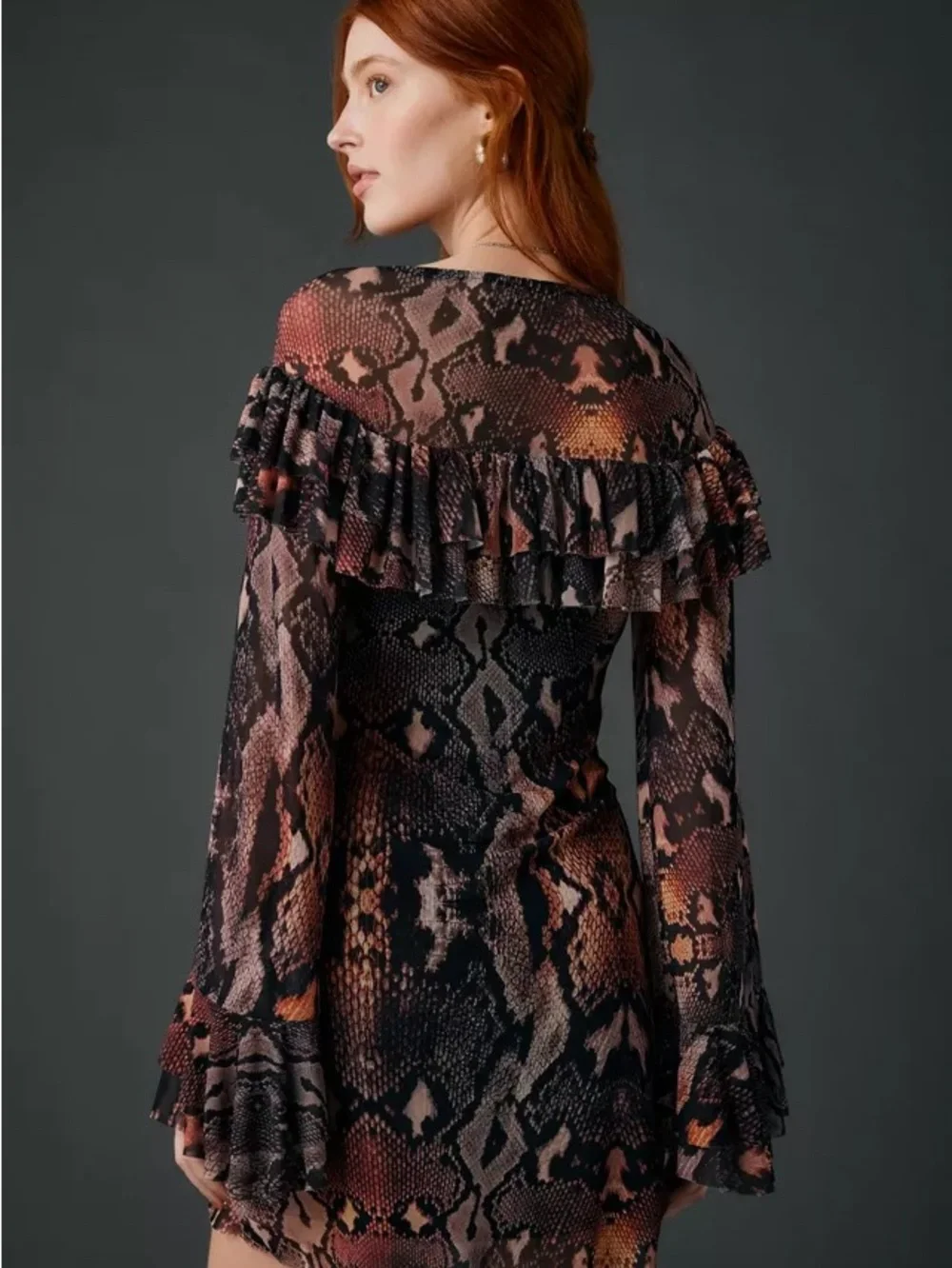 NWT AFRM Snake-Print Off-Shoulder Ruffle Dress - Picture 2 of 7